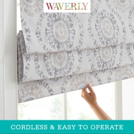Waverly Adonis Medallion 100% Blackout Roman Shade, Cordless and Noise Reducing Window Shade for Privacy, Thermal Window Treatments for Energy Saving Benefits, 39 in Wide x 64 in Long, Natural