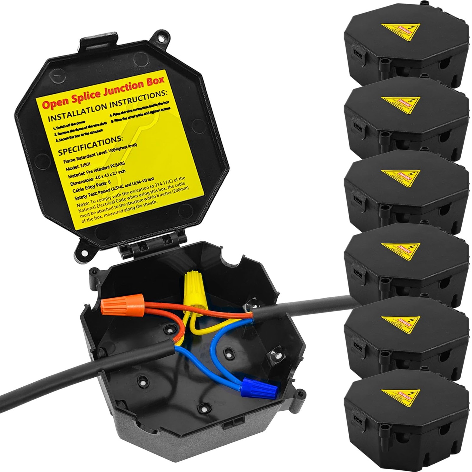 MIARALA Black Open Splice Junction Box (6 Pack), Splice Box Wire ...
