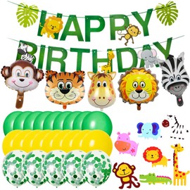 38pcs Jungle Birthday Party Decoration,Safari Wild Theme with Happy Birthday Banner,Animal Balloons,Jungle Cupcake Toppers,Forest Theme Birthday Festival Party Decoration
