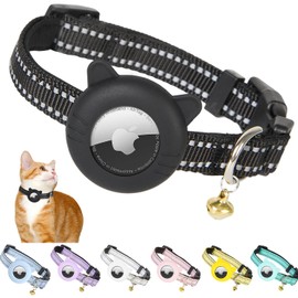 BXPAW Airtag Cat Collar,Reflective Cat Tracker Collar with Air Tag Holder and Safety Elastic Band,Breakaway GPS Collars for Girl Boy Cats,Kittens and Puppies (Black, Small)