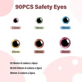 Movstriker 180Pcs 3D Glitter Safety Eyes for Crochet Toys, 12-30mm Crochet Eyes with Washer, Safety Eyes for Amigurumi Plush Animal Crochet Bear Crafts Making, Stuffed Animal Eyes, 6 Color