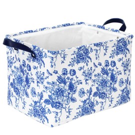 FYSUIMU Blue Floral Storage Basket Vintage Flower Collapsible Canvas Organizer Fabric Storage Bin with Handle for Shelf Closet Home Organizer Decor