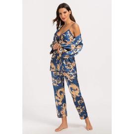 Escalier Women's Silk Satin Pajamas Set 3 Pcs Floral Silky Pj Sets Sleepwear Cami Nightwear with Robe and Pants Navy XL