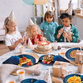 CANREVEL 96 PCS Galaxy Party Plates Serve 24, Space Plates and Napkins Forks Set, Disposable Tableware for Galaxy Birthday Party Supplies Decorations for Boys Kids Men Adult