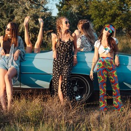 ATAMET- Accesorios de disfraces para mujer de los años 60 y 70 Pantalones hippies Pantalones acampanados Pantalones bohemios Pantalones retro