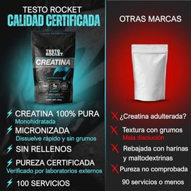 Creatina Monohidratada Micronizada | 200 Servicios 5gr porcion | Pre entreno Alta Pureza Sin Sabor y Alta Disolucion | Creatina Testo Rocket Polvo 1 k