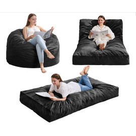 Hobestluk Bean Bag Chair 3 in 1 Beanbag Chairs for Adults, Large Bean Bags with Removable Velvet Cover, Convertible Adult Bean Bag Chair for Living Room, Bedroom, Playroom (Black, Twin)