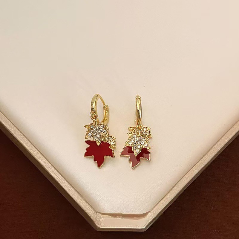 Maple Leaf Earrings for Women Autumn Thanksgiving Earrings Red Crystal
