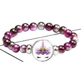 Einhorn Armband Glas-Cabochon Perlenarmband stretch lila rosa silber schimmer handmade für Kinder Mädchen Geburtstag Party