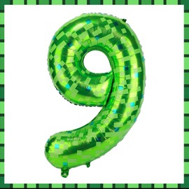 Pixel Number Balloons, 40 Inch Green Large Foil Balloons Game Theme Party Decorations for Anniversary Birthday Kids Boys Girls (Number 9)