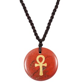 Nupuyai Engraved Stone Egyptian Ankh Cross Chain for Men and Women Crystal Stone Pendant Necklace Amulet Lucky Charm with Adjustable Nylon Rope, Nylon Red Jasper Nylon, Red Jasper