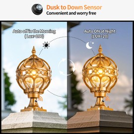 Flybling Dusk to Dawn Gold Outdoor Post Lights, Exterior Waterproof Rustproof Sphere Outside Post Lamps Fixture, Farmhouse Aluminum Pillar Lantern for Porch House Pathway Fence Yard Garden Patio