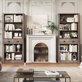 FACBOTALL 5-Tier Bookcase, Book Shelf with 2 Drawers, Tall Bookcase with Shelves, Vintage Display Storage Shelves, Bookshelves for Bedroom, Living Room and Home Office Wash Gray