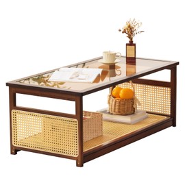 Tiita Coffee Tables for Living Room，Mid Century Modern Storage 2-Tier Coffee Tables，Rattan Glass RectangleTables，Suitable for Living Room Apartment，Brown