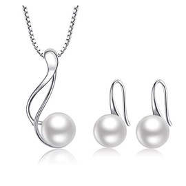 Treasure Bay Women's Pearl Jewellery Set - 925 Silver AA Grade 8-9mm Pearl Necklace Dangle Drop Earrings for Women Ladies Girls Bridal Jewellery (White-Design 3)