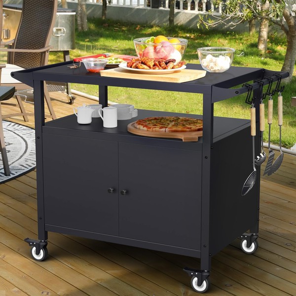 SEUNSHANY Outdoor Grill Table with Storage, Movable Grill Cart, Outdoor