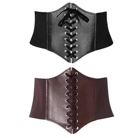 Goldyida Pack of 2 Costume Dress Waist Belt Vintage Elastic Wide Waspie Waist Belt Women's Lace Corset Tied Belt Girls Waspie Corset Waist Belt Black + Brown, Black and brown