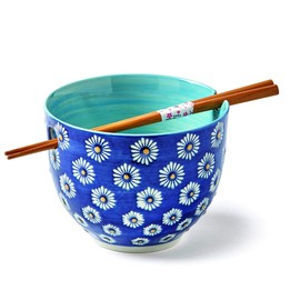 TAG 16 oz. Daisy Printed Stoneware Noodle Bowl with Bamboo Chop Sticks, 3.9L x 3.9W x 5.0H. Blue
