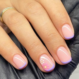 24 Pcs French Tip Press on Nails Short Square Pink White Flower Design Fake Nails Purple French Fake Nail Tips Spring Summer Floral Glue on Nails Cute Flowers Acrylic Nails for Women Girl