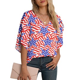 Jouica July 4th Women Patriotic Shirt V-Neck Memorial Day American Flag Tops,Red Blue Flag,Medium