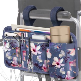 FINPAC Wheelchair Side Storage Bag w/Cup Holder, Wheelchair Armrest Accessories Pouch with Pen Slot and Reflective Strips for Power Wheelchairs, Walkers, Rollators, Seniors, (Z-Hibiscus)