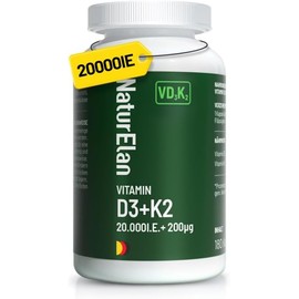 Vitamin d3 k2 capsules high dose - 20000 IU + vitamin K2 MK7 200 mcg per dose, 180 vegetarian capsules, no additives, produced in Germany