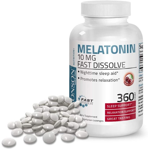 Bronson Melatonin 10mg Fast Dissolve Cherry Flavored Tablets - Nighttime Sleep Aid - Fall Asleep Faster, Stay Asleep Longer - 360 Vegetarian Chewable Lozenges