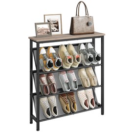 CHOEZON Shoe Rack, 4-Tier Slanted Shoe Storage Shelf, Narrow Shoe Rack for Entryway, Shoe Organizer with Adjustable Feet, Slim Shoe Shelf with Wooden Top and Metal Frame, Greige and Black TXJ75BG