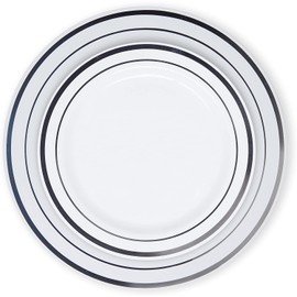 Disposable Plastic Plates - 60 Pack - 30 x 10.25" Dinner and 30 x 7.5" Salad Combo - Silver Trim Real China Design - Premium Heavy Duty - By Aya's Cutlery Kingdom
