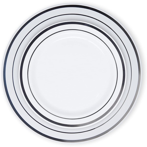Disposable Plastic Plates - 60 Pack - 30 x 10.25" Dinner and 30 x 7.5" Salad Combo - Silver Trim Real China Design - Premium Heavy Duty - By Aya's Cutlery Kingdom