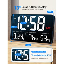 MASHI Digital Clock,13" Large Display Digital Wall Clock, Adjustable Brightness Calendar Clock with Day and Date,DST,Alarms,Humidity, Temperature for Desk, Wall Mounted, for Elderly