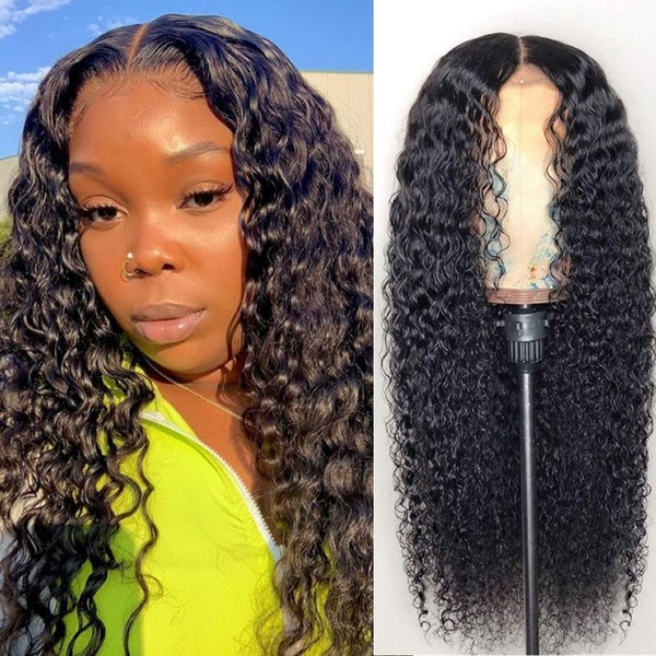 BLY Human Hair Lace Front Wig Deep Wave 4x4 Lace Closure HD Transparent Wigs for Women 180% Density Brazilian Virgin Hair Pre Plucked with Baby Hair Natural Black Color 14 Inch