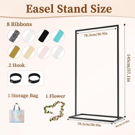 Wedding Sign Holder, Metal Easel Stand for Sign with 8 Pair Satin Ribbon & 2 Pair Leather Sign Straps,Flower Vine,57x31x15" Welcome to Our Wedding Sign Stand,Heavy Duty Floor Easel Stand for Poster