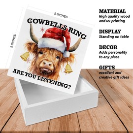 Christmas Wooden Sign Cowbell Ring Wooden Block Sign Christmas Highland Cow Winter Decor for Home Table Desk Shelf