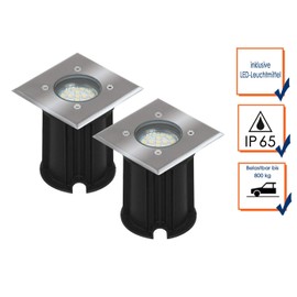 Set of 2 LED recessed floor spotlights, outdoor, square, drivable, max. 800 kg load, IP65; 5000.459