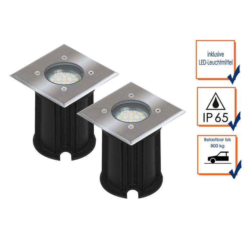 Set of 2 LED recessed floor spotlights, outdoor, square, drivable,