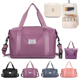 Expandable Travel Duffle Bag,Tote Bags for Women，Waterproof Yoga Bag,Hospital Bag for Labor and Delivery,Sport Gym Bag for Men, Overnight Weekend Bag Luggage Bag with Trolley Sleeve ，Pink, (purple)