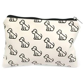 Zipped Cream and Black Sitting Dog Design Make Up Bag
