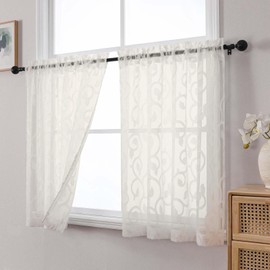 WelvetBLK Ivory Cafe Curtains 36 Inch Length Tier 2 Panels Set, Soft Solid Geometric Jacquard Clip Short Kitchen Light Filtering Curtains for Bathroom Basement Kitchen, Ivory, 2Pcs Each 42"Wx36"L Inch