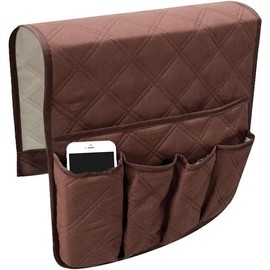Sofa Armrest Organizer with Cup Holder Tray Chair Arm TV Remote Holder for Recliner Couch Armchair Bedside Storage Pockets Bag for Cellphone Tablet Book Magazines Drinks Holder Pouch - Color: brown