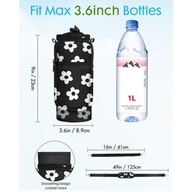 Toykee Under 32 oz Water Bottle Holder Bag with Strap - Crossbody & Woven Handle Sling for Carrier Walking with Phone Pocket Black White Flower