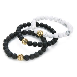 Linsoir beads Trendy Basketball Bracelet Boy Men Beaded Stretchy Bracelet Lave Stone/White Turquoise/Matte Black Stone Beaded Bracelet Sports Jewelry for Basketball Lovers 1 pcs, 7.5 inches, Stone