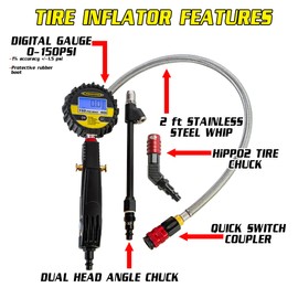 Power Tank HD Tire Inflator Gauge - 150 psi Digital - Multiple Chucks, 2 ft Hose, Ventoso Body