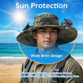 Solar Fan Hat Wide Brim Solar Fan Hat Outdoor Sun Hats for Men Women Fishing Hat with Removable & USB Charging Fan Army Green