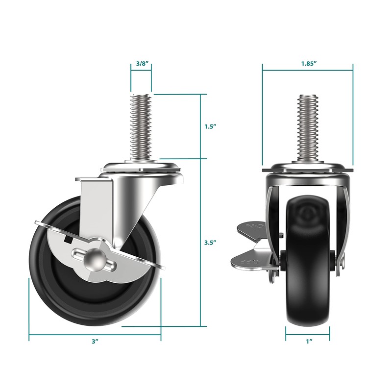HOLKIE Caster Wheels 3 inch Locking Stem Casters, 3/8" -16