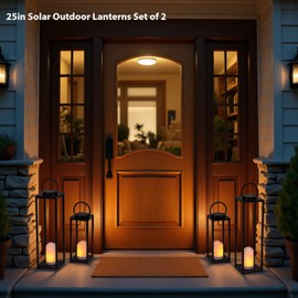 ALL FORTUNE Large Solar Outdoor Lanterns, 25" 16" Tall Farmhouse Black Metal Waterproof Decorative Lanterns with Solar Candles for Front Porch, Patio, Christmas, Fall Decor- Set of 2