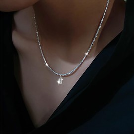 Yalice 925 Sterling Silver Layered Necklace for Women Waterproof Cross Pendant Necklace Chain Dainty Silver Sparkle Crystal Fashion Choker Neck Jewelry Gifts, Sterling Silver, No Gemstone