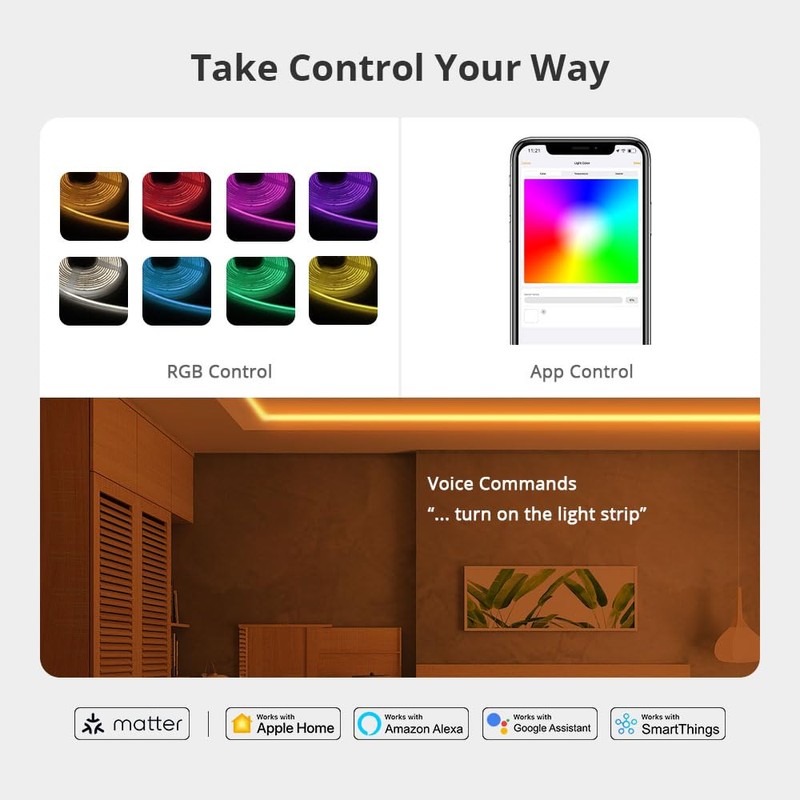 BENEXMART Matter WiFi COB LED Strip Lights, RGBCW Smart Light