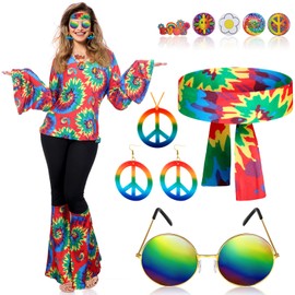 Jiuguva 17pcs 60s 70s Outfits for Women Hippie Costume Set Disco Outfit (Groovy Style,Large)