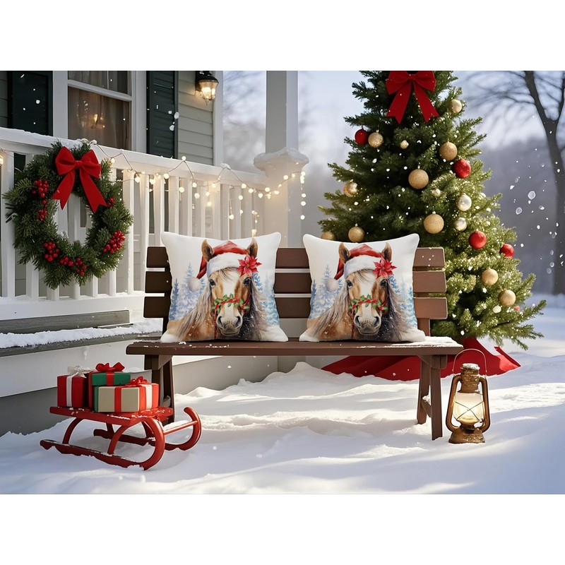 Doobicy 2 Pack Christmas Horse Pillow Covers 20”x20” Rustic Farmhouse